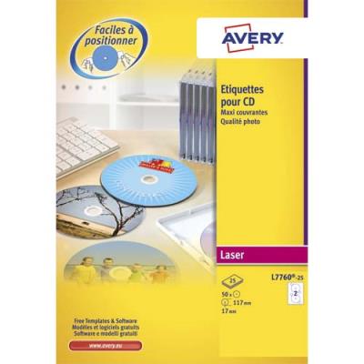 AVERY ZWECKFORM Avery Bo&icirc;te de 50 &eacute;tiquettes Laser monochrome pour CD et DVD L7676-25