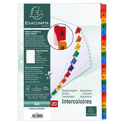 EXACOMPTA  Lot de 20 intercalaires en carton A-Z Blanc Format A4