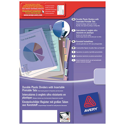 AVERY  Intercalaires &agrave; onglets personnalisables en polypropyl&egrave;ne A4, 12 touches