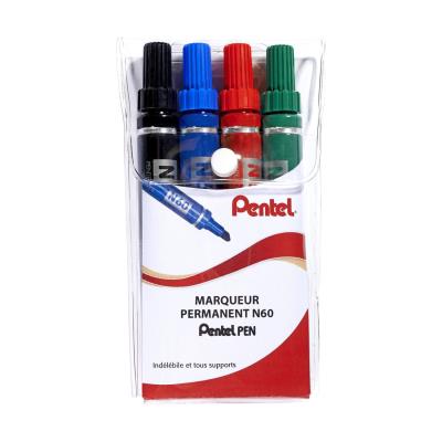PENTEL  N60 Pochette de 4 Marqueurs permanents Pointe biseaut&eacute;e Assortis Noir/Bleu/Rouge/Vert