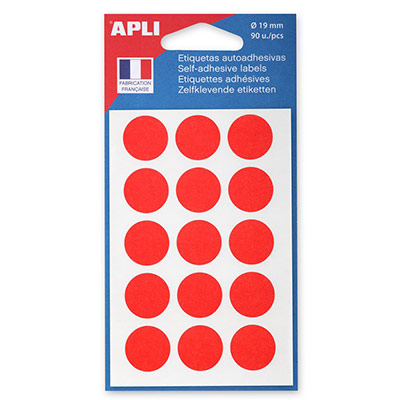 AGIPA APLI Pastilles adh&eacute;sives &Oslash; 19 mm Rouge - 111964 - Pochette de 90