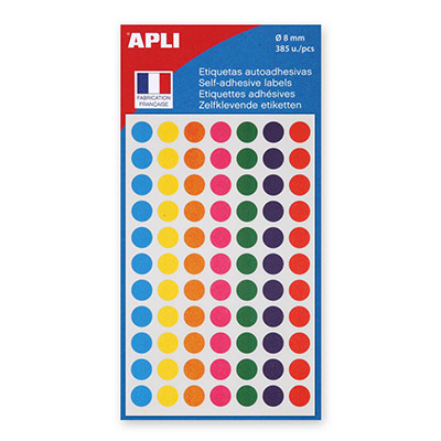APLI Etui de 385 disques adh&eacute;sifs diam&eacute;tre 8 mm coloris assortis