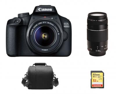 CANON EOS 4000D KIT EF-S 18-55MM F3.5-5.6 III + EF 75-300MM F4-5.6 III + 32GB SD card + camera Bag