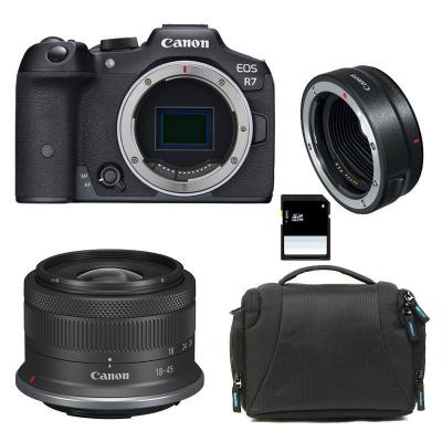 CANON EOS R7 + RF-S 18-45mm F4.5-6.3 IS STM + Sac + Carte SD 8 Go + Bague EF-EOS R 