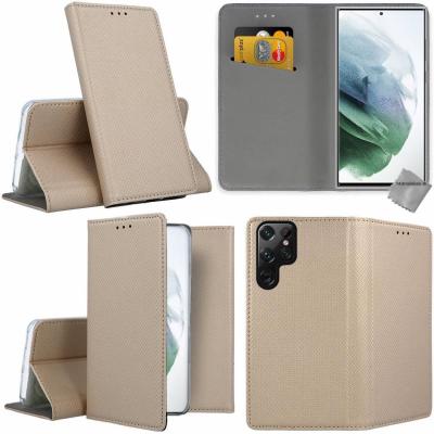 HTDMOBILES Housse etui coque pochette portefeuille pour Samsung Galaxy S22 Ultra 5G + verre trempe - OR MAGNET - 