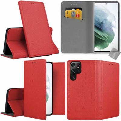 HTDMOBILES Housse etui coque pochette portefeuille pour Samsung Galaxy S22 Ultra 5G + film ecran - ROUGE MAGNET - 