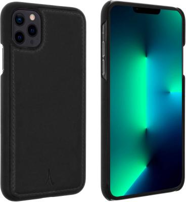 AKASHI Coque iPhone 13 Pro Rigide Cuir V&eacute;ritable Finition Surpiqu&eacute;e  Noir