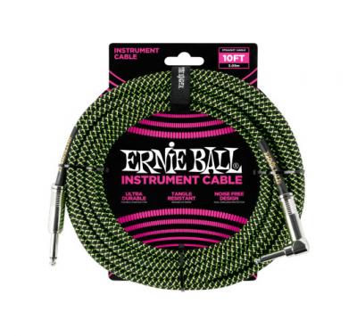 ERNIE BALL  6077 - C&acirc;ble gaine tiss&eacute;e noir et vert jack-jack coud&eacute; - 3m