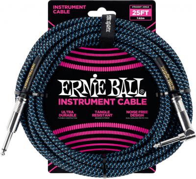 ERNIE BALL  C&acirc;ble d&rsquo;instrument tress&eacute;, connecteur droit et coud&eacute;, 7,6 m, noir/bleu