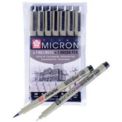 SAKURA Etui De 6 Feutres Pigma Micron Noir + 1 Feutre Brush 