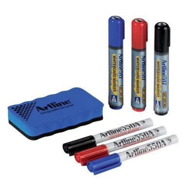 Kit 6 marqueurs + 1 brosse aimant&eacute;e pour tableau blanc Artline